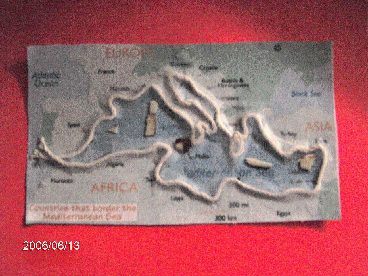 Photograph of a relief map of the shoreline and major islands of the Mediterranean Sea